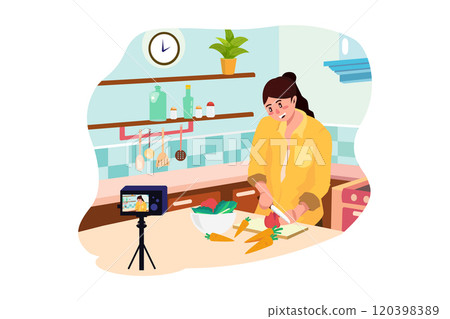 Young asian woman in kitchen recording video on camera. Vlog video live streaming at home. 120398389