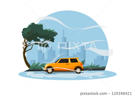 Natural disaster concept. Vehicle transport consequences natural disaster, breeze gust 120398421