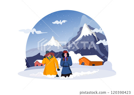 Natural disaster concept. Houses influenced by snow avalanche. 120398423
