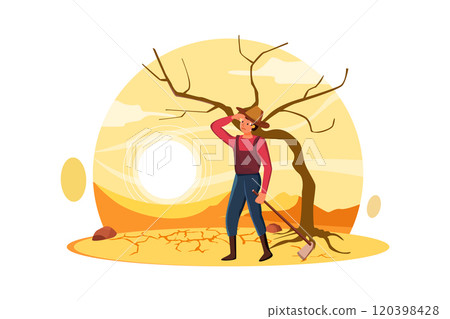 Natural disasters composition with village in desert suffering from drought with houses and dried up tree Natural disasters composition with village in desert suffering from drought with houses and dried up tree 120398428