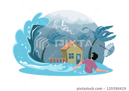 Natural disaster concept with rainy sky and impending storm and tsunami wave with house. Natural disaster concept with rainy sky and impending storm and tsunami wave with house. 120398429