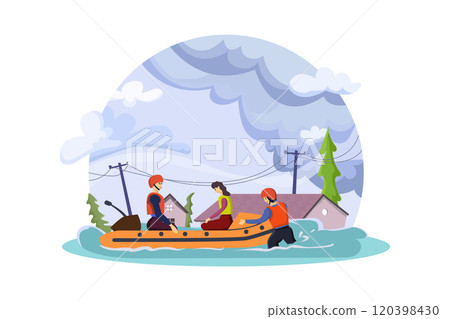 Natural disaster concept. Evacuate flood victims by inflatable boat 120398430