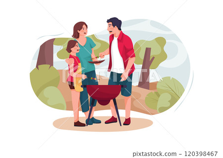 A small family has a barbecue in the forest. 120398467