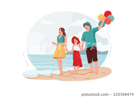 Parents and daughter walking around the beach 120398474