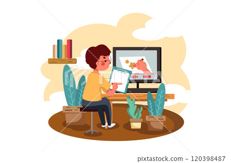 The boy draws according to the instructions of online teacher 120398487