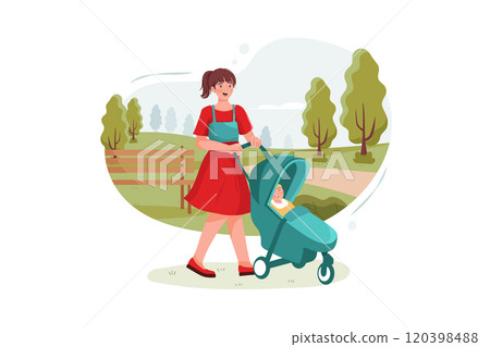 Teen nanny with cute baby in stroller playing in park 120398488