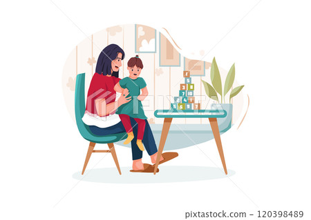 Cute little girl with young nanny at table, indoors Cute little girl with young nanny at table, indoors 120398489