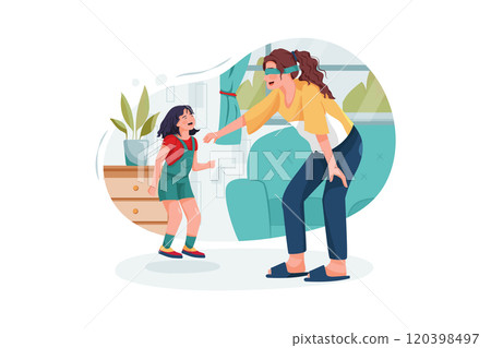Young babysitter nanny playing funny game with kid girl at home 120398497