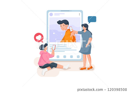 Two girls interacting with the boy's post. Two girls interacting with the boy's post. 120398508