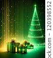Abstract Christmas tree with green gifts and gold lights on a green background (christmas, presents, winter) 120398552
