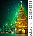 Shining Christmas tree and golden gifts on green background (Christmas, presents, holidays) 120398553