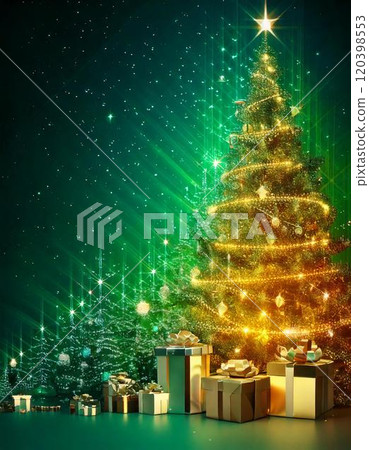 Shining Christmas tree and golden gifts on green background (Christmas, presents, holidays) 120398553