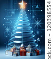 Futuristic Christmas tree and presents, digital snowflakes, blue background (Christmas, Future, Technolo 120398554