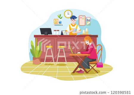 Coffee shop with people sitting at tables, drinking coffee and working on laptops and barista standing at counter. Coffee shop with people sitting at tables, drinking coffee and working on laptops and barista standing at counter. 120398581
