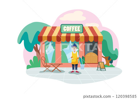 A coffee shop owner wearing apron in front of the shop facade A coffee shop owner wearing apron in front of the shop facade 120398585