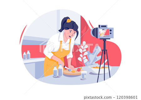 Young asian woman in kitchen recording video on camera. Vlog video live streaming at home. Young asian woman in kitchen recording video on camera. Vlog video live streaming at home. 120398601