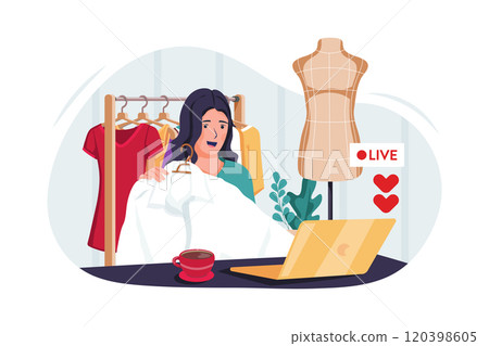 Beauty blogger selling fashion online. Blogger girl review product and talking camera live recording video on social network at home. Online selling clothes on social media 120398605