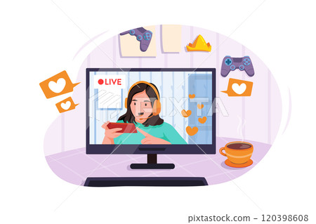 Young asian internet celebrity gamer girl introduce online mobile game to fans with smart phone and having live stream. Young asian internet celebrity gamer girl introduce online mobile game to fans with smart phone and having live stream. 120398608