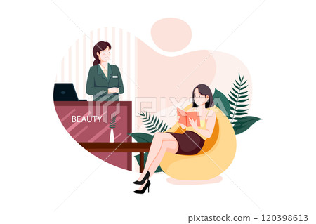 Beauty salon and spa reception. Beautiful female administrator standing at the counter. Beauty salon and spa reception. Beautiful female administrator standing at the counter. 120398613