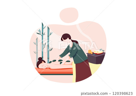 Woman doing massage to a woman with rocks. Woman doing massage to a woman with rocks. 120398623