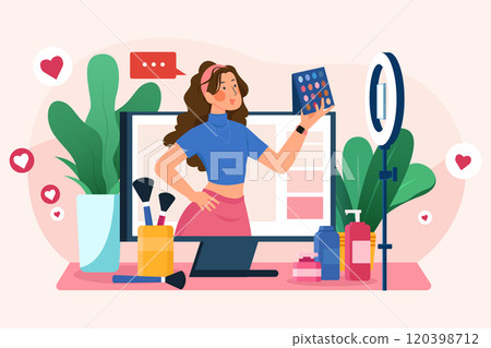 Young asian influencer, beauty blogger, content creator or vlogger girl review make up looking Young asian influencer, beauty blogger, content creator or vlogger girl review make up looking 120398712