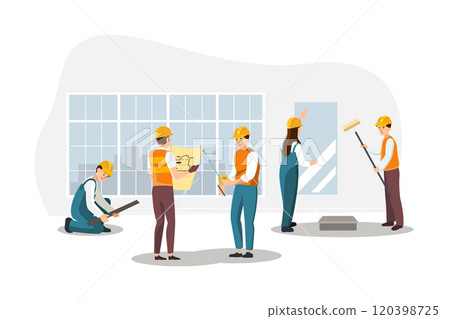 Build a decorating process. Renovation of rooms, repair of flat illustration. 120398725
