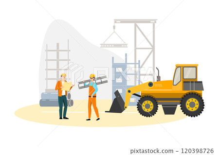 Builders and surveyors with machinery and warning signs during road construction Builders and surveyors with machinery and warning signs during road construction 120398726