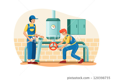 Plumbers are replacing the old steel pipes with new ones 120398735