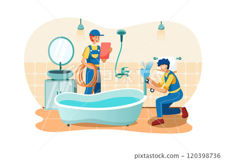 Plumbers are fixing the water pipes of the bathtub 120398736