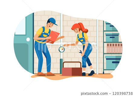 Plumbers are checking and fixing the pressure valves of the pipes. Plumbers are checking and fixing the pressure valves of the pipes. 120398738