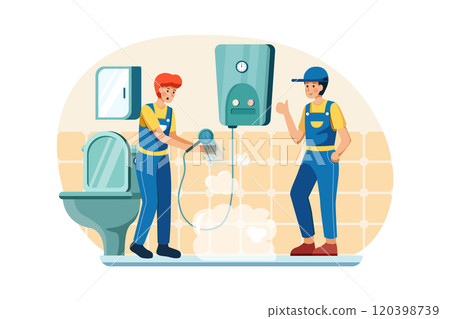 Plumbers are checking if the water heater is still working well. Plumbers are checking if the water heater is still working well. 120398739