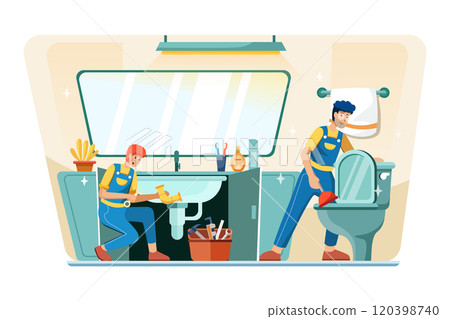 Young plumber is repairing the hand sink while the other plumber clearing the toilet. Young plumber is repairing the hand sink while the other plumber clearing the toilet. 120398740
