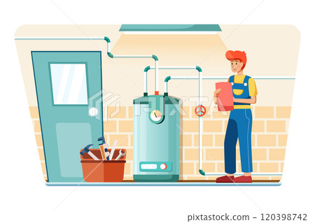 Plumber are adjusting the temperature of the boiler Plumber are adjusting the temperature of the boiler 120398742
