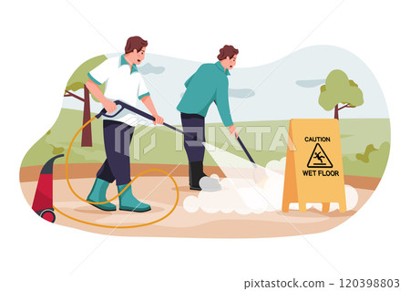The cleaning workers are on duty. The cleaning workers are on duty. 120398803