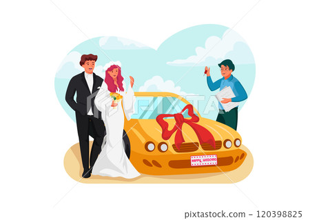 Car Sale. Manager showing off luxury automobile to afro bride and groom in car dealership 120398825