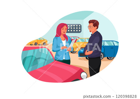Salesperson showing vehicle to potential customer in dealership Salesperson showing vehicle to potential customer in dealership 120398828