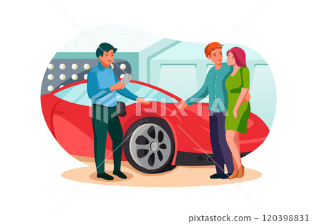 Happy family buying new car. Salesman showing them luxury auto in car dealership store Happy family buying new car. Salesman showing them luxury auto in car dealership store 120398831