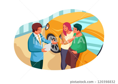 Buying their first car together. Wide angle view of young car salesman standing at dealership talking about car features to customers. Buying their first car together. Wide angle view of young car salesman standing at dealership talking about car features to customers. 120398832