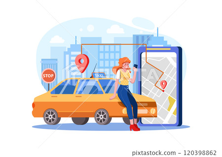 Woman near smartphone screen with route and points location on a city map on the car Woman near smartphone screen with route and points location on a city map on the car 120398862