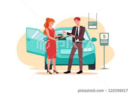 Young smiling woman getting key of a new car 120398917