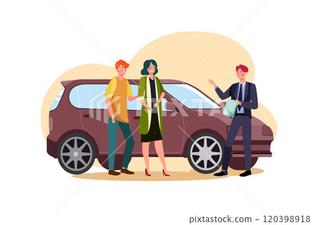 Car dealer explaining sales contract to couple buying a car 120398918