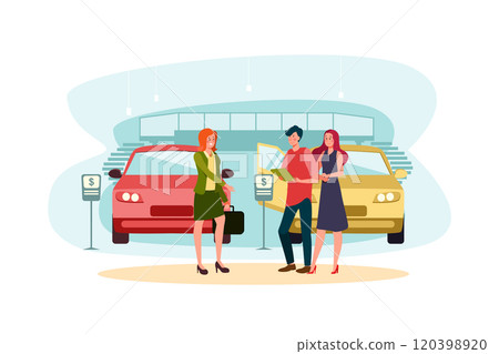 Salesperson showing vehicle to potential customer in dealership 120398920