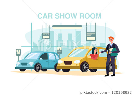 Young woman testing a car in a car showroom Young woman testing a car in a car showroom 120398922