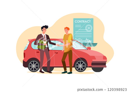 Car dealership seller greeting customer 120398923