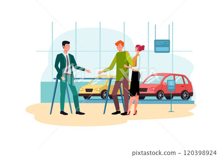 Salesman talking to a young couple at the dealership showroom. Salesman talking to a young couple at the dealership showroom. 120398924