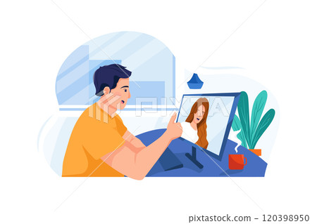 The man is talking to his colleague via video call. The man is talking to his colleague via video call. 120398950
