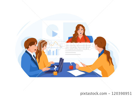 The businessmen are having a meeting with their boss via video call. 120398951