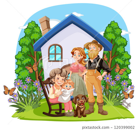 Happy Family with Dog Outdoors Happy Family with Dog Outdoors 120399002