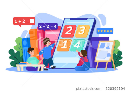 Kindergarten children home education on laptop smartphone screen with reading math drawing online 120399104