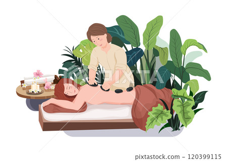 Woman doing massage to a woman with rocks. 120399115